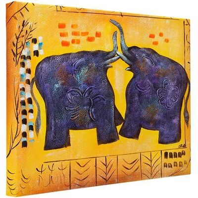 Elefanti che giocano | Olio su tela dipinto a mano | 56x48cm Incorniciato |