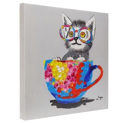 Chat dans une tasse de thé | Huile sur toile peinte à la main | 50x50cm. Encadré