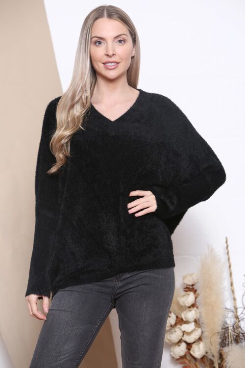 Black Soft fluffy jumper with fitted sleeves and V neck.