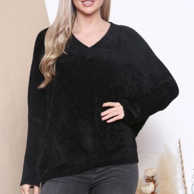 Black Soft fluffy jumper with fitted sleeves and V neck.