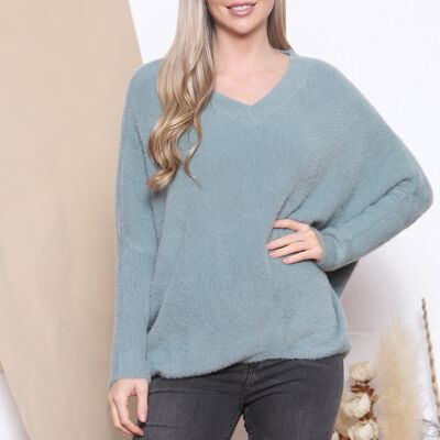 Mint Soft fluffy jumper with fitted sleeves and V neck.