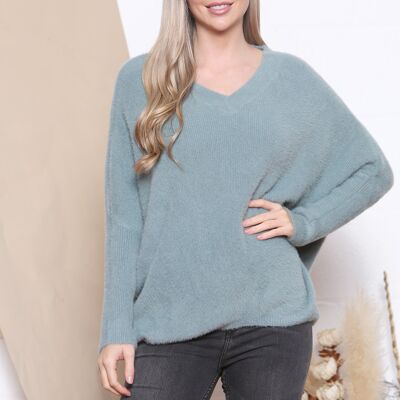 Mint Weicher, flauschiger Pullover mit anliegenden Ärmeln und V-Ausschnitt.