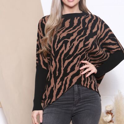 Brown Zebra print knitted jumper with ribbed round neck and fitted sleeves.