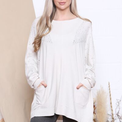 Beige Oversized jumper with raw edged round neckline and elongated cuffed sleeves.