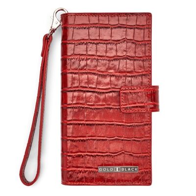Billion wallet with cell phone pocket made of crocodile-embossed leather, red