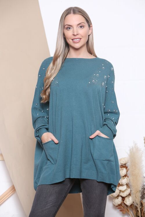 Teal Oversized jumper with raw edged round neckline and elongated cuffed sleeves.