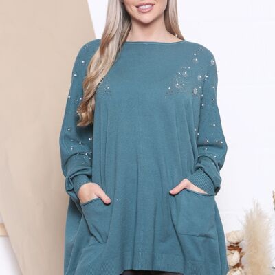 Teal Oversized jumper with raw edged round neckline and elongated cuffed sleeves.