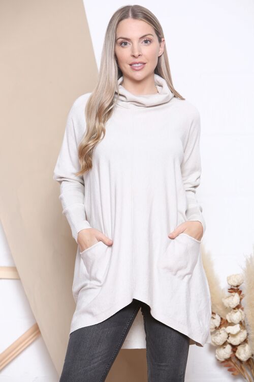 Beige Loose fit elongated jumper with soft roll neck and front pockets.