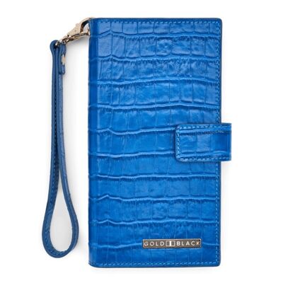 Billion wallet with cell phone pocket made of crocodile embossed leather blue