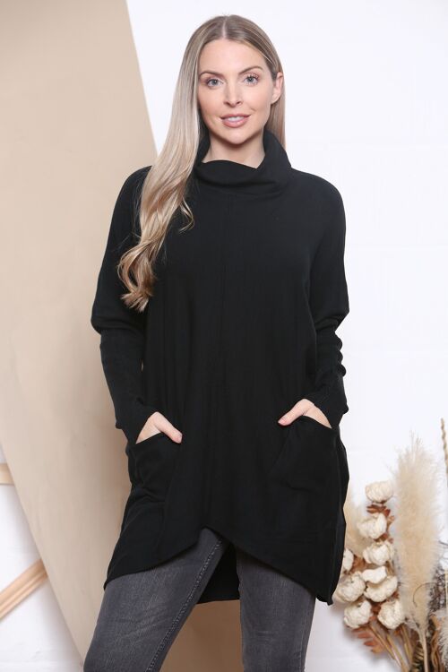Black Loose fit elongated jumper with soft roll neck and front pockets.