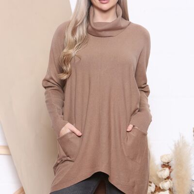 Camel Loose fit elongated jumper with soft roll neck and front pockets.