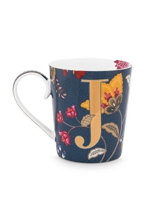 Blaue Tasse mit floralem Fantasy-Alphabet - J - 350 ml - PIP STUDIO