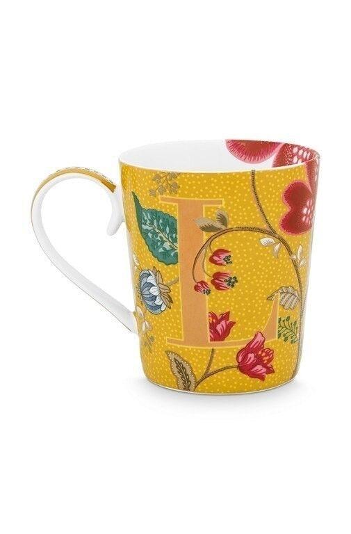 Gelbe Tasse mit Alphabet-Motiv „Blushing Birds“ – L – 350 ml – PIP STUDIO