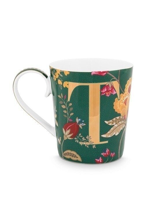 Grüne Tasse mit Alphabet-Blumenfantasie - T - 350 ml - PIP STUDIO