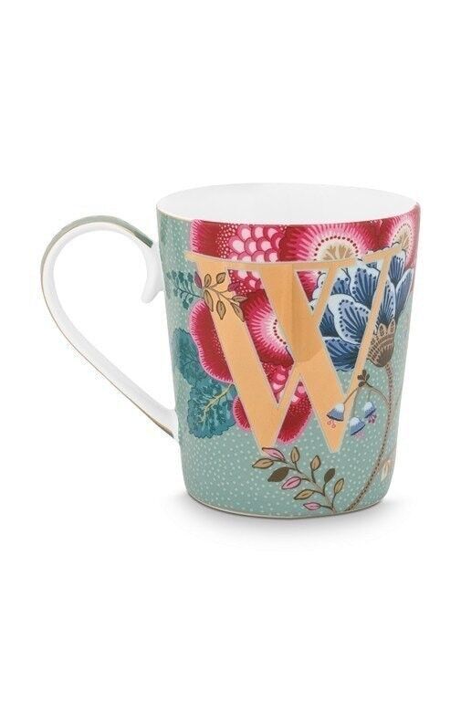 Tasse mit Alphabet-Blumenmuster, himmelblau – W – 350 ml – PIP STUDIO