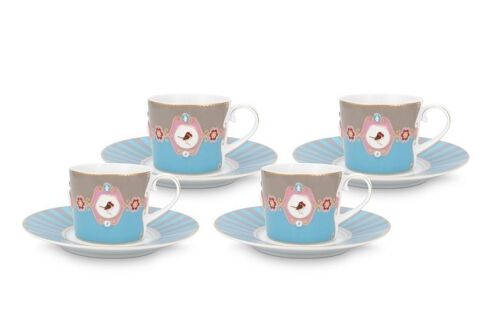 PIP - Coffret de 4 paire tasse à thé Love Birds - Bleu/Kaki - 200ml