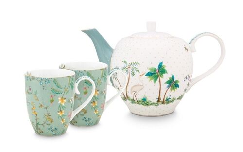 PIP - Coffret service à thé 2 grands mugs 350ml & théière 1,6L fleurs Jolie bleu