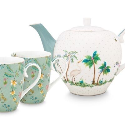 PIP - Coffret service à thé 2 grands mugs 350ml & théière 1,6L fleurs Jolie bleu