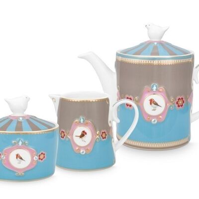 PIP - Set of 3 pcs Love Birds tea service - Blue / Khaki