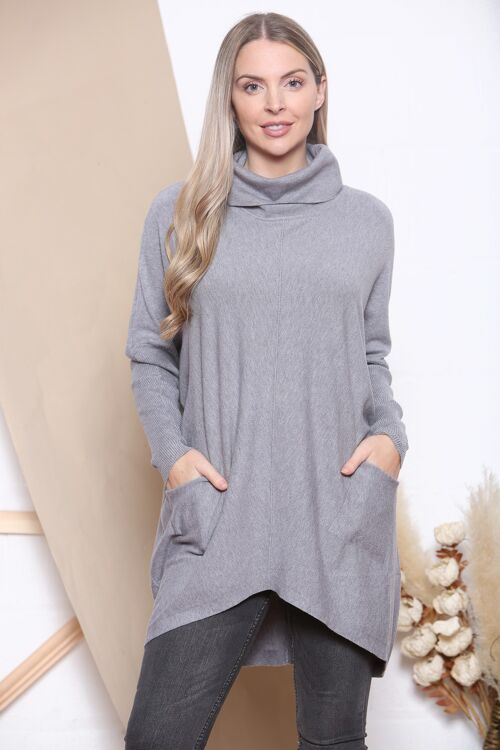 Grey Loose fit elongated jumper with soft roll neck and front pockets.