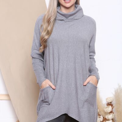Grey Loose fit elongated jumper with soft roll neck and front pockets.