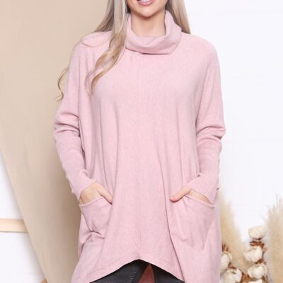 Pink Loose fit elongated jumper with soft roll neck and front pockets.