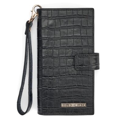 Billion wallet with cell phone pocket made of crocodile-embossed leather black