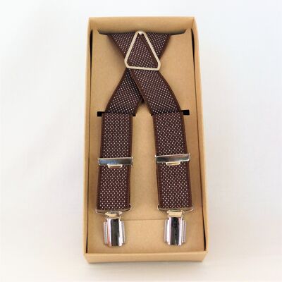 Cinturino elastico marrone con puntini bianchi.