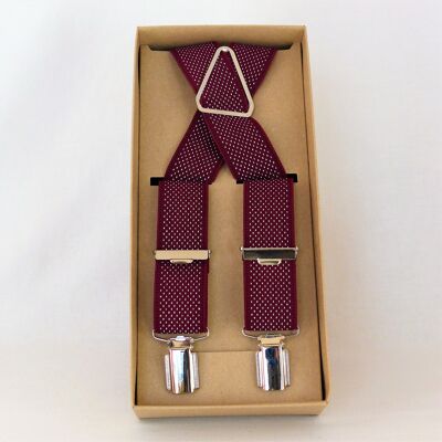 Burgundy elastic strap with white dots.