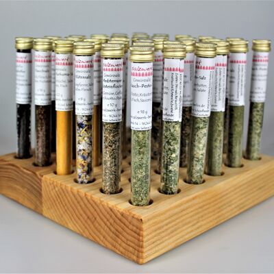 36 wooden stand with salt-spice-pepper test tubes