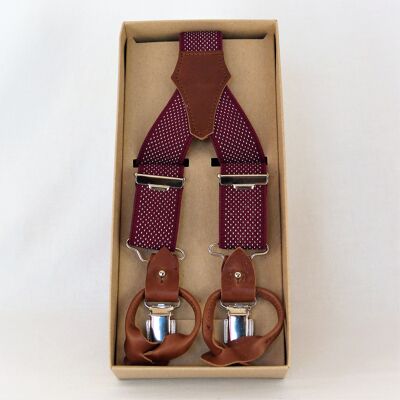Burgundy elastic strap with white dots, combined system.