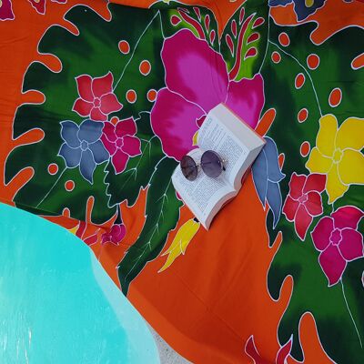 Paréo | Hibiscus Oiseaux Paradis | Haut de Gamme | Peint à la main | Batik | Sarong | 100% Rayonne |Orange