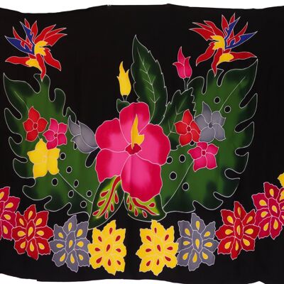 Paréo | Hibiscus Oiseaux Paradis | Haut de Gamme | Peint à la main | Batik | Sarong | 100% Rayonne |Noir