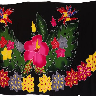 Paréo | Hibiscus Oiseaux Paradis | Haut de Gamme | Peint à la main | Batik | Sarong | 100% Rayonne |Noir
