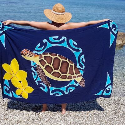 Paréo | Tortue et ses frangipanes | Haut de Gamme | Peint à la main | Batik | Sarong | 100% Rayonne |Bleu