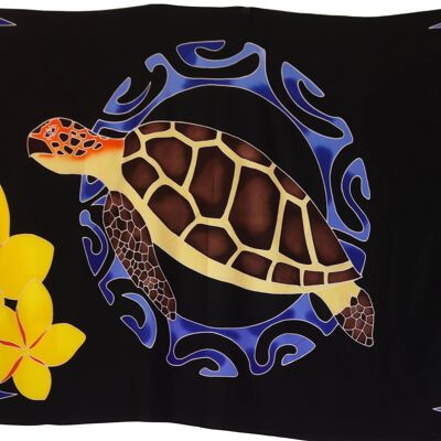 Paréo | Tortue et ses frangipanes | Haut de Gamme | Peint à la main | Batik | Sarong | 100% Rayonne |Noir