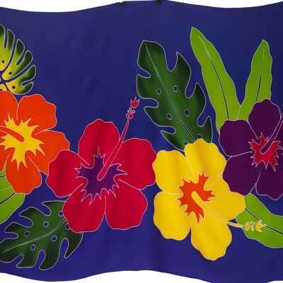 Paréo | Hibiscus et ces Feuilles | Haut de Gamme | Peint à la main | Batik | Sarong | 100% Rayonne |Bleu