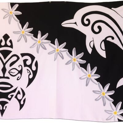 Paréo | Dauphin et Tortue | Haut de Gamme | Peint à la main | Batik | Sarong | 100% Rayonne |Noir/ Blanc