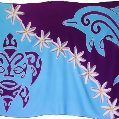 Paréo | Dauphin et Tortue | Haut de Gamme | Peint à la main | Batik | Sarong | 100% Rayonne |Turquoise/Violet