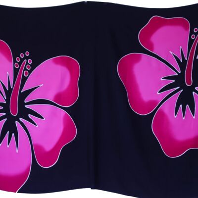 Paréo | 2 Hibiscus | Haut de Gamme | Peint à la main | Batik | Sarong | 100% Rayonne |Noir