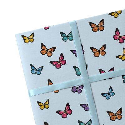 2 feuilles de papier cadeau papillon bleu