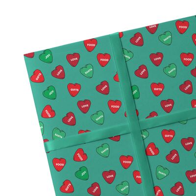 2 Sheets Christmas Hearts Green Wrapping Paper