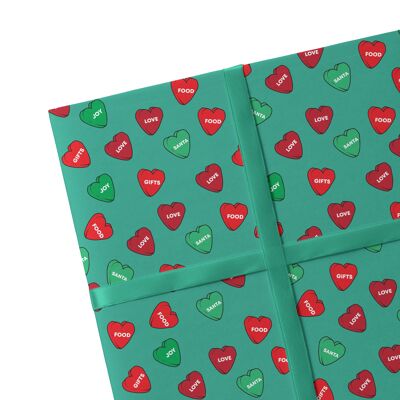 2 Sheets Christmas Hearts Green Wrapping Paper