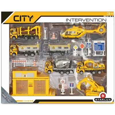 Set of 6 works vehicles + helicopter + hangar + accessories - From 3 years old - STARLUX CITY - 806151