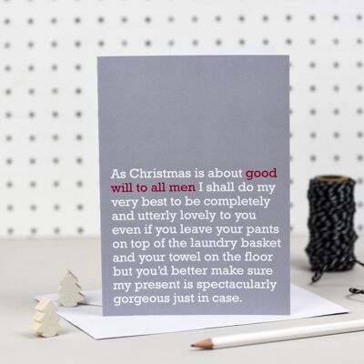 Good Will To Men : Christmas Card For Dad, Husband, Partner