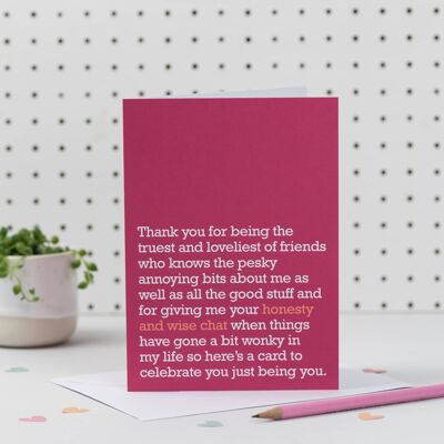 Ehrlichkeit und kluger Chat: Dankeschön-Karte für engen Freund