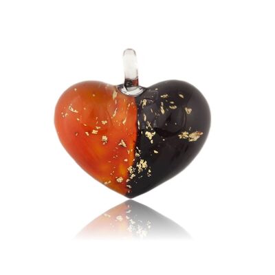 SWN545 - Red Orange Glass Heart Two-tone Pendant Necklace