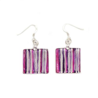SWE533 - Fuchsia Purple Glass Square Striped Drop Earring
