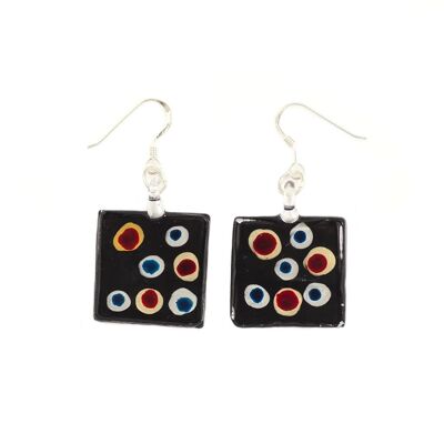 SWE508 - Black Glass Square Multi-colour Dot Drop Earring