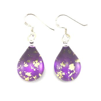 SWE558 - Boucles d'oreilles pendantes en forme de goutte d'eau en verre violet et tachetées d'or 1